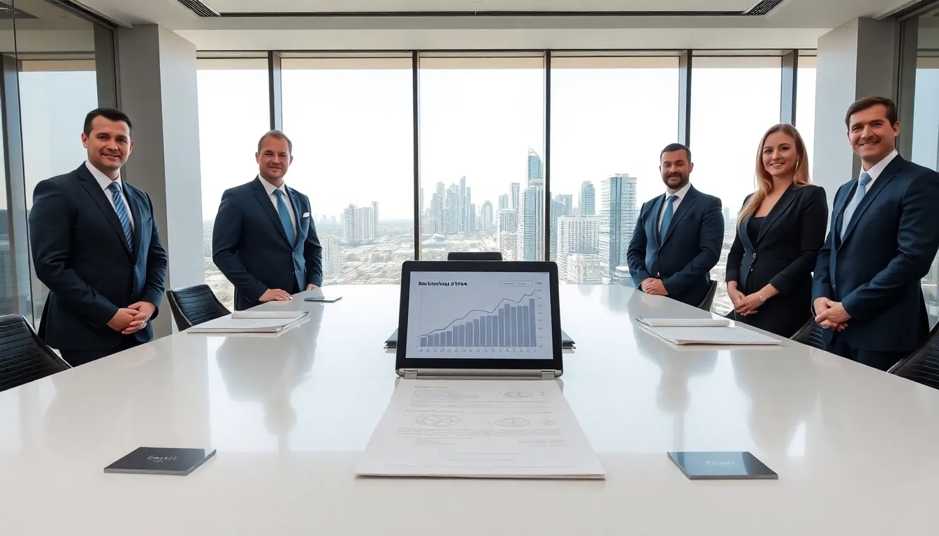 team of top bankruptcy lawyers in a brisbane office with city skyline